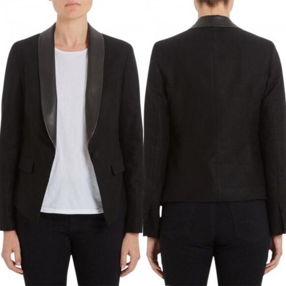 AG Adriano Goldschmied Estelle Tuxedo Blazer Medium Black Leather Lapel - Picture 2 of 16